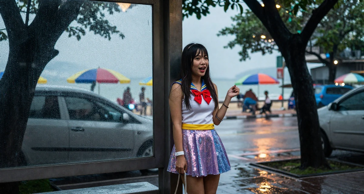 A spirited Female From Hanoi Vietnam, holds a degree in economics in their 39, building a brand around authentic storytelling, wearing a magical girl anime costume with a sparkly short skirt, holding a leash in a bus stop in the rain.