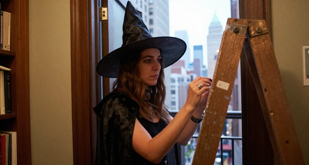A reserved Female Once a med-school dropout, now exploring emotional vulnerability through art in their 32, sharing easy DIY home improvement projects, wearing a classic witch costume with a wide-brimmed hat, playing with a ring on a finger in a old library with wooden ladders.