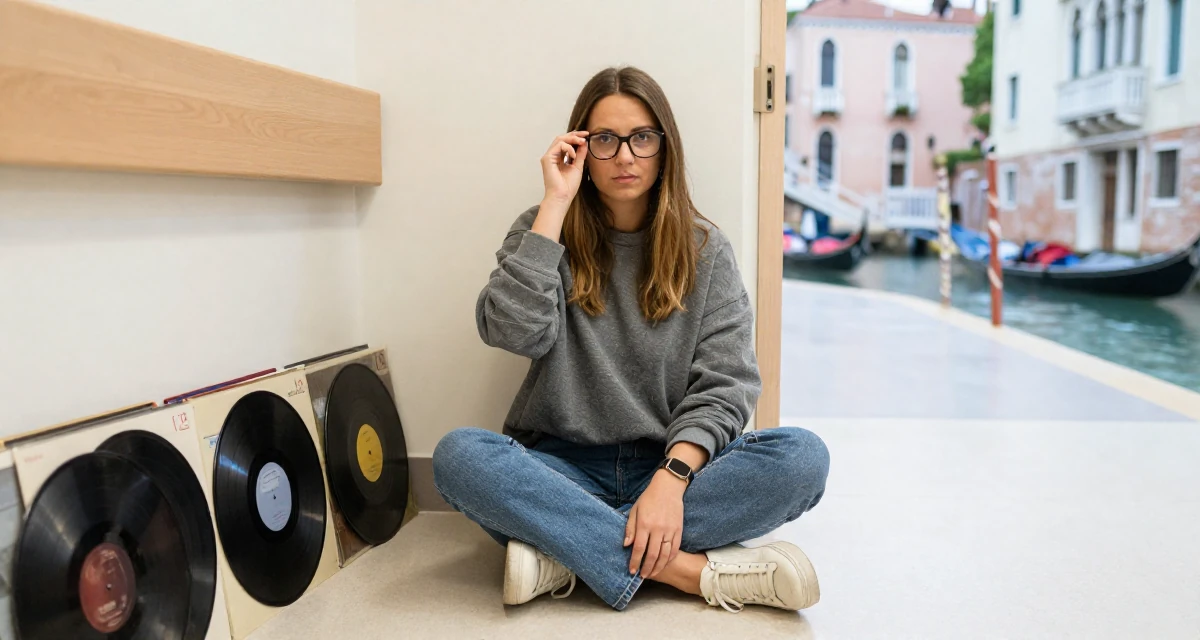 A reflective Female From Helsinki Finland, studied visual communication in their 44, handling high healthcare expenses, wearing a relaxed streetwear, pushing glasses up the nose in a hospital corridor.