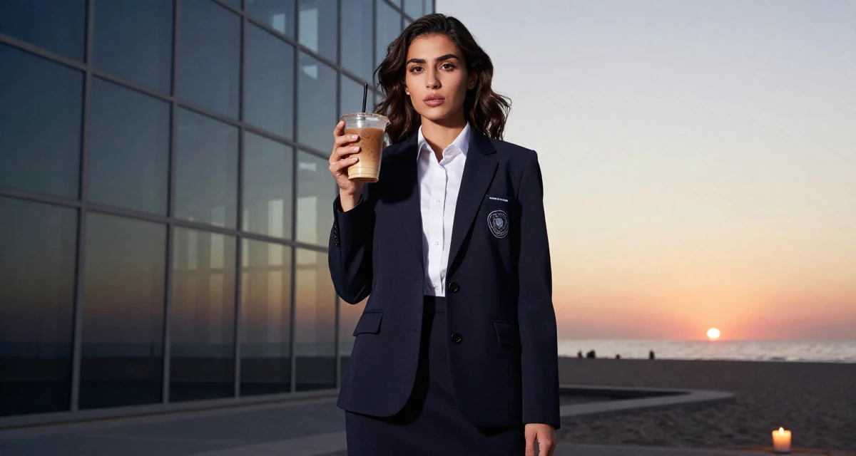 A mysterious Female From Arabic-speaking world, majored in health administration in their 22, clutching an iced coffee as a survival tool, wearing a school council president uniform with a blazer, holding a pen in a sunset beach.