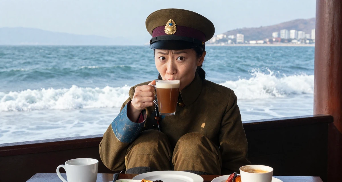 A pouting Female From Hong Kong, trained in contemporary dance and visual expression in their 25, fighting comparison with creators who grew faster, wearing a imperial officer uniform with a peaked cap, sipping a warm drink in a breakfast nook.