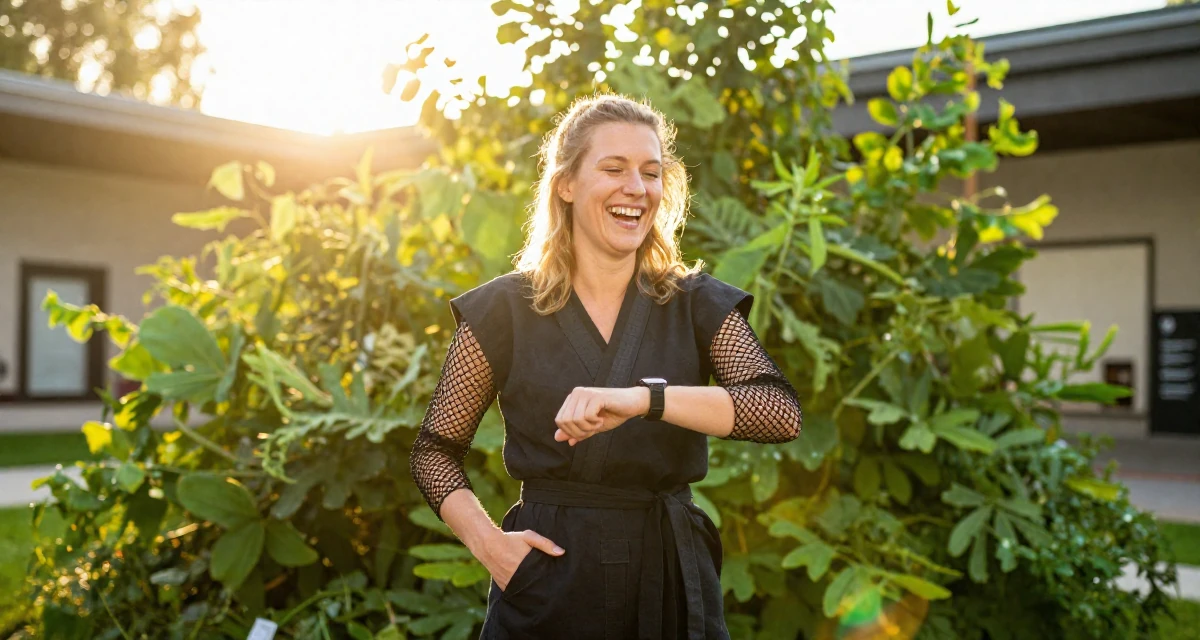 A mellow Female Raised in Sweden, studied creative technology in their 21, laughing openly with head thrown back, wearing a ninja kunoichi outfit with fishnet details, glancing at a wristwatch in a museum exhibit.