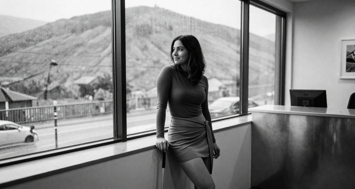 A warmhearted Female Once a gym receptionist, now building her own fan-driven fitness brand in their 23, staring pensively out a rain-streaked window, wearing a mini wrap skirt and a fitted long-sleeve top, looking out the window in a art gallery.