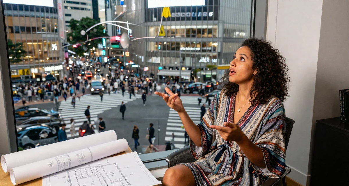 A eager Female From Belgium, has a degree in international law in their 24, juggling edits, shoots, and a boss who texts on weekends, wearing a relaxed bohemian style dress, pointing at something nearby in a modern apartment living room.