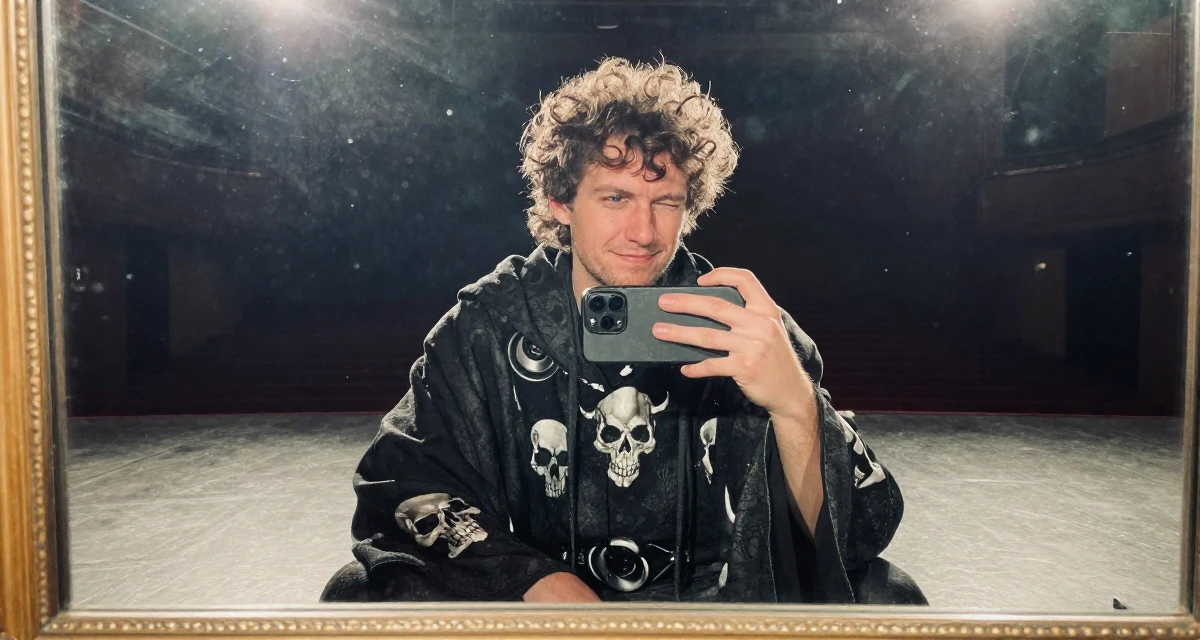 A thoughtful male From Finland, based in Tampere, graduated from a tech university majoring in human-centered design in their 23, saving aggressively for a dream travel trip, wearing a dark fantasy necromancer robe with skull motifs, winking playfully in a empty theater stage.