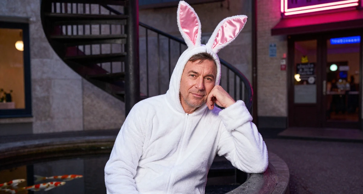 A peaceful male From Hamburg Germany, learned studio lighting from fashion workshops in their 50, established authority in a niche industry, wearing a playful bunny girl costume with satin ears and cuffs, shivering slightly in a neon-lit street.