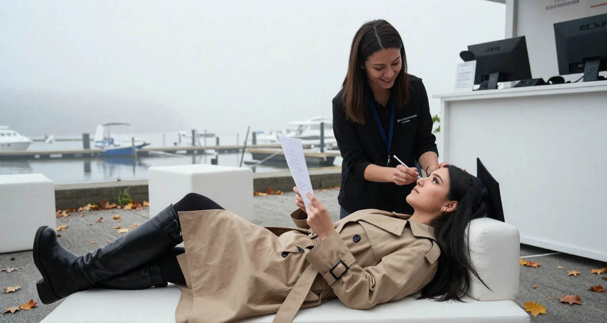 A friendly Female Once a makeup counter employee, now teaching glam techniques to fans in their 21, feeling the anxiety of impending graduation, wearing a timeless trench and boots, holding a piece of paper in a foggy harbor.