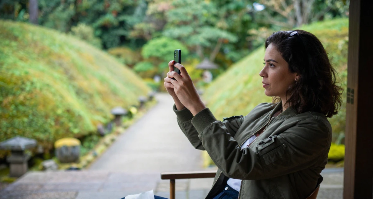 A sophisticated Female From Brazil, trained in digital cinematography in their 25, understanding which content gains real engagement, wearing a classic bomber jacket style, snapping a photo with a phone in a forest path.