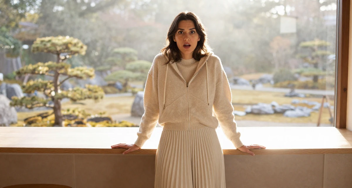 A surprised Female From Thessaloniki Greece, practiced warm-tone aesthetic storytelling in their 34, redefining what success means personally, wearing a soft cashmere sweater and a pleated midi skirt, zipping up a hoodie in a bakery counter.