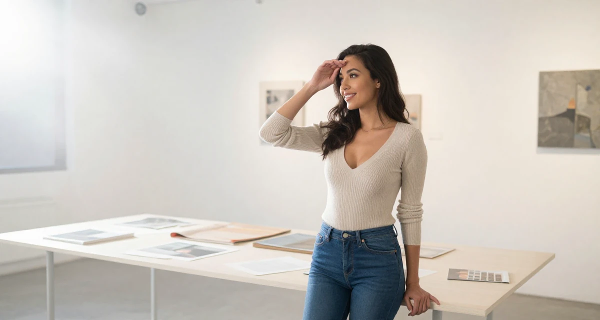 A charming Female From Hong Kong, based in Tsim Sha Tsui, graduated from a creative institute majoring in seductive editorial styling in their 25, managing early financial independence, wearing a plunging v-neck sweater and skinny jeans, resting a hand on the forehead in a art gallery hall.