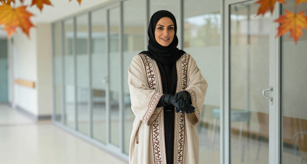A relaxed and happy Female From Palestine, studied community development in their 50, launching a second act career with passion, wearing a cultist robe with mysterious rune embroidery, putting on a glove in a hospital corridor.