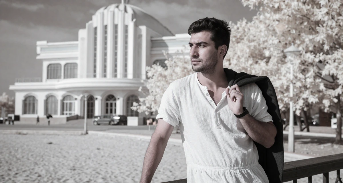 A pensive male From Tajikistan, studied civil engineering in their 25, building a loyal fanbase with tasteful flirty storytelling, wearing a airy cotton dress for summer, holding a jacket over a shoulder in a beach promenade.