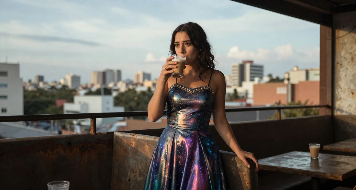 A melancholic yet beautiful Female From Buenos Aires Argentina, holds a degree in dance studies in their 20, balancing part-time jobs with intense study schedules, wearing a galactic princess gown with metallic fabrics, sipping a latte in a restaurant booth.