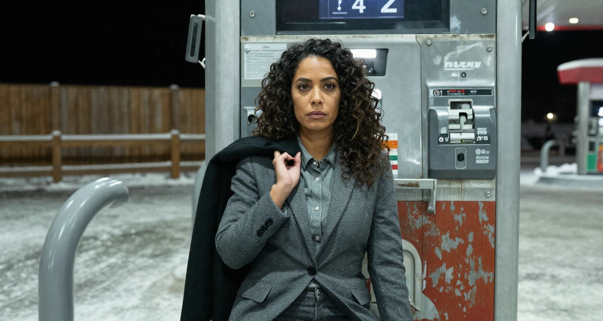 A calm and confident Female From United States, majored in forestry studies in their 42, sharing the reality of executive burnout, wearing a refined casual Friday look, holding a jacket over a shoulder in a gas station at night.