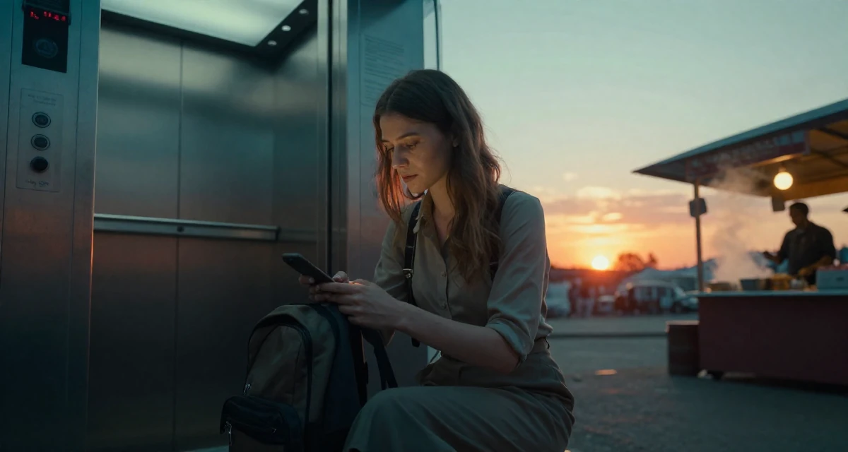 A ethereal Female From Ukraine, based in Odessa, graduated from a design academy majoring in aesthetic content creation in their 22, building early fan loyalty through replies and messaging, wearing a high-waisted skirt with suspenders and a shirt, adjusting a backpack strap in a corporate elevator.