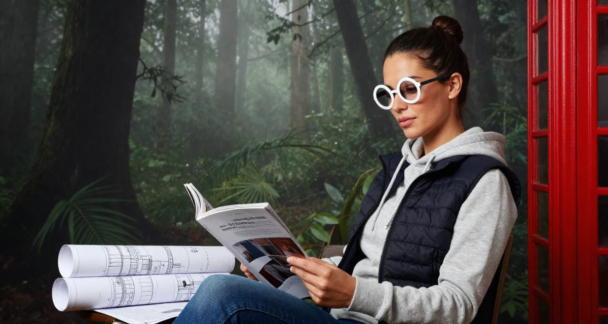 A calm Female Grew up in Spain, studied international business in their 27, focusing on long-term wealth building, wearing a layered vest over hoodie, flipping through a magazine in a dense misty forest.