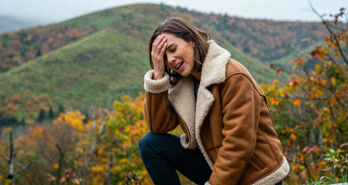 A bold and charismatic Female From USA, has a background in real estate in their 30, feeling pride and fatigue in equal measure, wearing a warm shearling jacket, resting a hand on the forehead in a autumn forest.