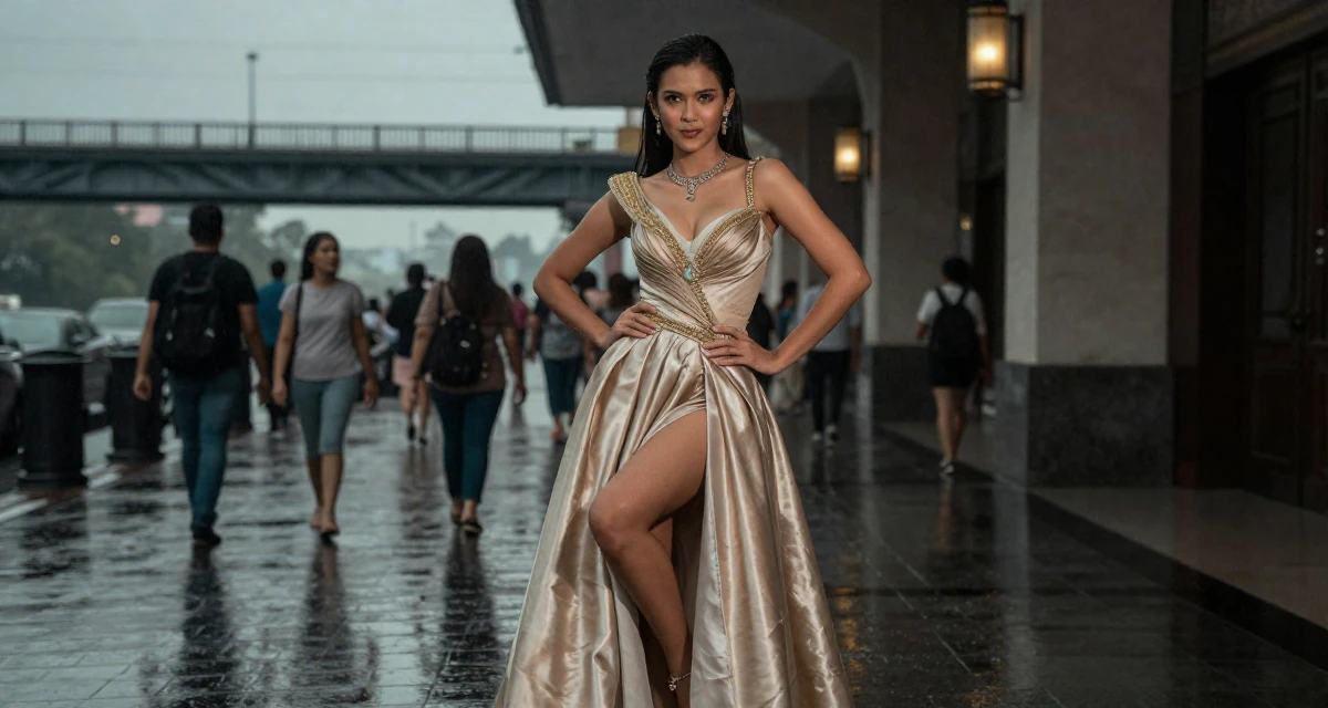 A witty Female From the Philippines, based in Cebu City, graduated from a local college majoring in public relations in their 23, exploring feminine power through suggestive styling, wearing a regal empress gown with heavy silk and jewelry, shifting weight impatiently in a cinema lobby.