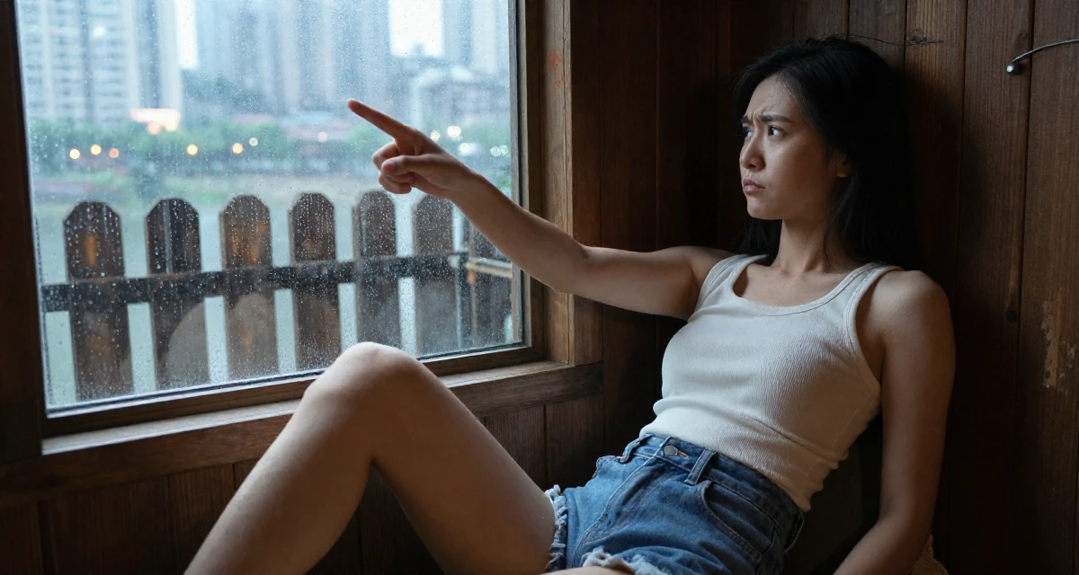 A cynical Female From Chongqing China, holds a degree in psychology in their 26, exploring digital nomad life, wearing a fitted ribbed tank top and high-waisted denim shorts, pointing at something distant in a rustic wooden cabin interior.