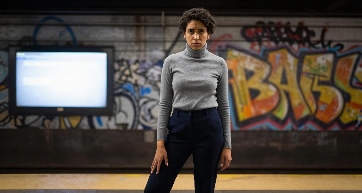 A confused Female From USA, studied anthropology and folklore in their 25, balancing social life with evolving ambitions, wearing a sophisticated turtleneck and trousers, tapping a foot rhythmically in a subway platform.
