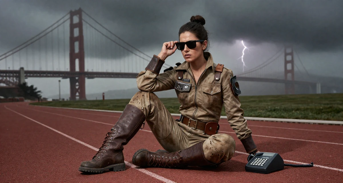 A determined Female Raised in the UAE, studied consumer behavior analytics in their 25, learning how poses can feel powerful instead of scary, wearing a steampunk mechanic jumpsuit with grease stains, putting on sunglasses in a running track.