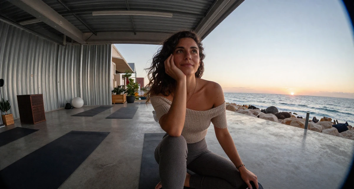 A positive Female From Israel, based in Tel Aviv, graduated from an arts program majoring in sensual character creation in their 25, thinking about quitting but too deep to walk away, wearing a off-the-shoulder knit top and fitted trousers, holding a hat in a yoga studio.