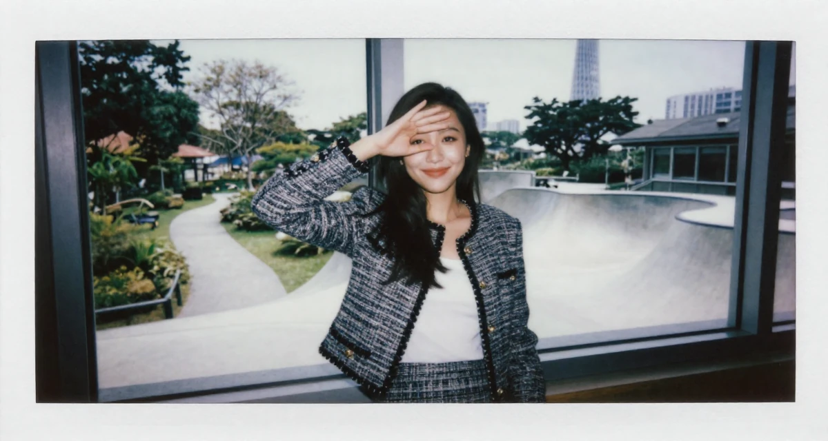 A optimistic Female From Singapore, majored in digital content strategy and visual aesthetics in their 25, balancing hard work with luxury self-care, wearing a classic chanel style tweed suit, covering eyes from the sun in a skate park.