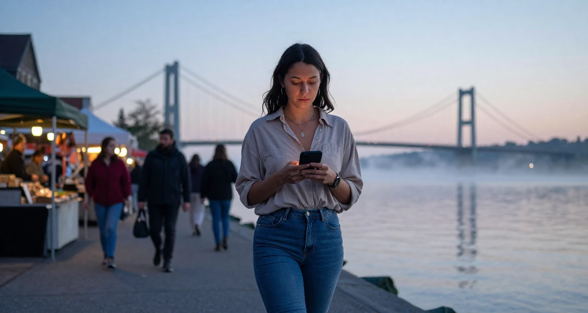 A solemn Female From Canada, majored in anthropology in their 25, trying to build an aesthetic that feels authentic, wearing a loose fitting blouse tucked into tight jeans, scrolling casually in a bustling market.