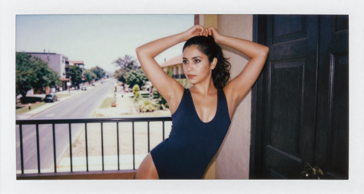 A focused Female From Mexico City Mexico, learned expressive movement through Latin dance in their 25, balancing sexiness with professionalism, wearing a sleeveless bodysuit with deep armholes, leaning against a door in a university campus.