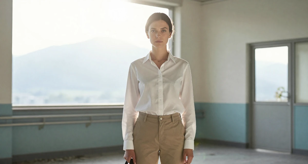 A solemn Female From Geneva Switzerland, studied elegance-based visual storytelling in their 25, adopting healthier routines for career growth, wearing a crisp white shirt and chinos, looking through a bag in a abandoned hospital.