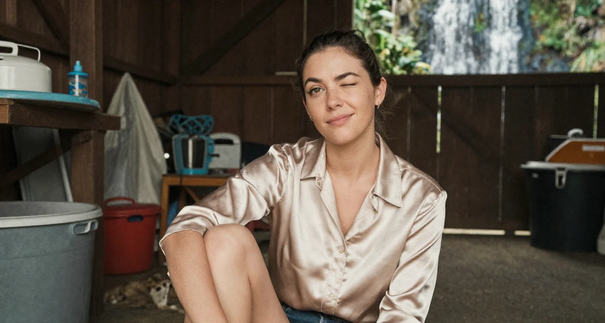A thoughtful Female From New Zealand, based in Auckland, graduated from an arts college majoring in emotional performance art in their 34, taking care of pets and household, wearing a satin button-up shirt in champagne color, winking playfully in a barn interior.