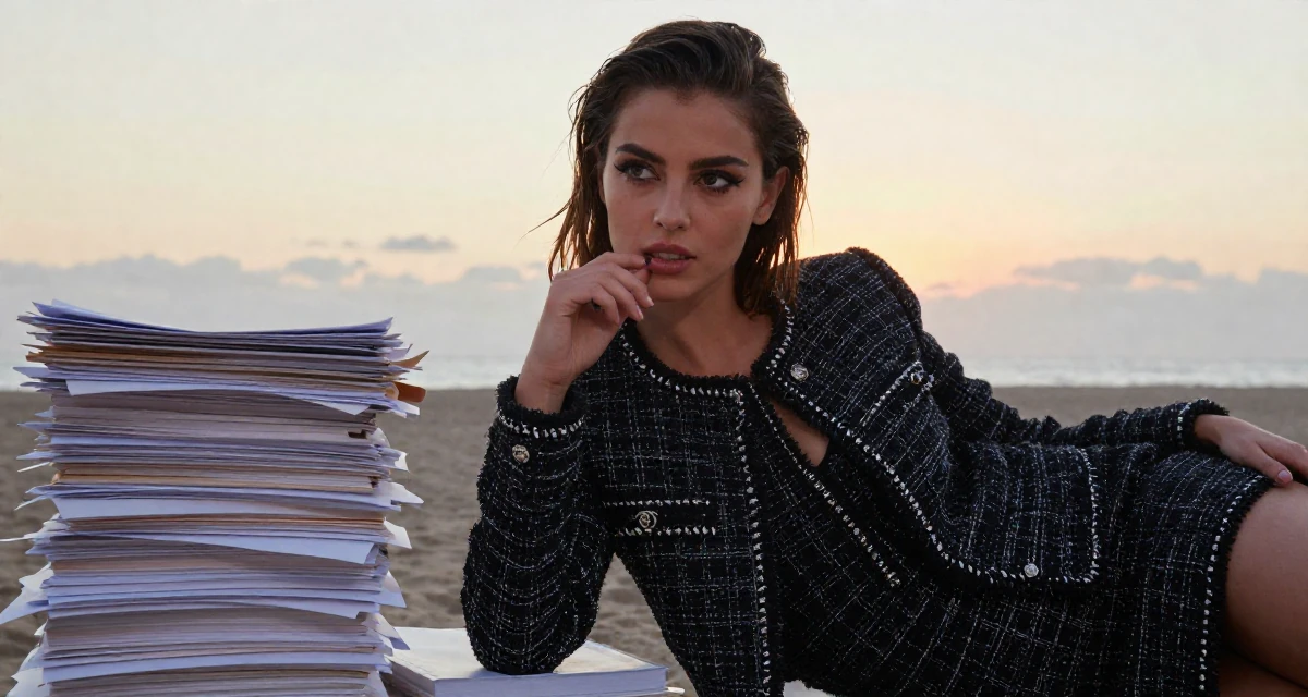 A passionate Female From Argentina, studied digital illustration at a local art institute in their 21, wearing a party dress with smudged eyeliner, wearing a classic chanel style tweed suit, biting the lower lip softly in a sunset beach.