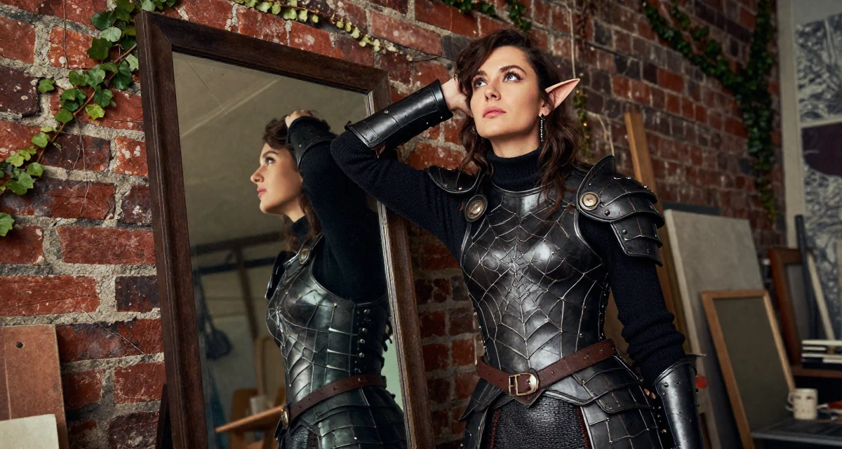 A nostalgic Female From Canada, studied kinesiology in their 25, managing early financial independence, wearing a dark elf leather armor with spiderweb motifs, looking up at the sky in a artist workshop.