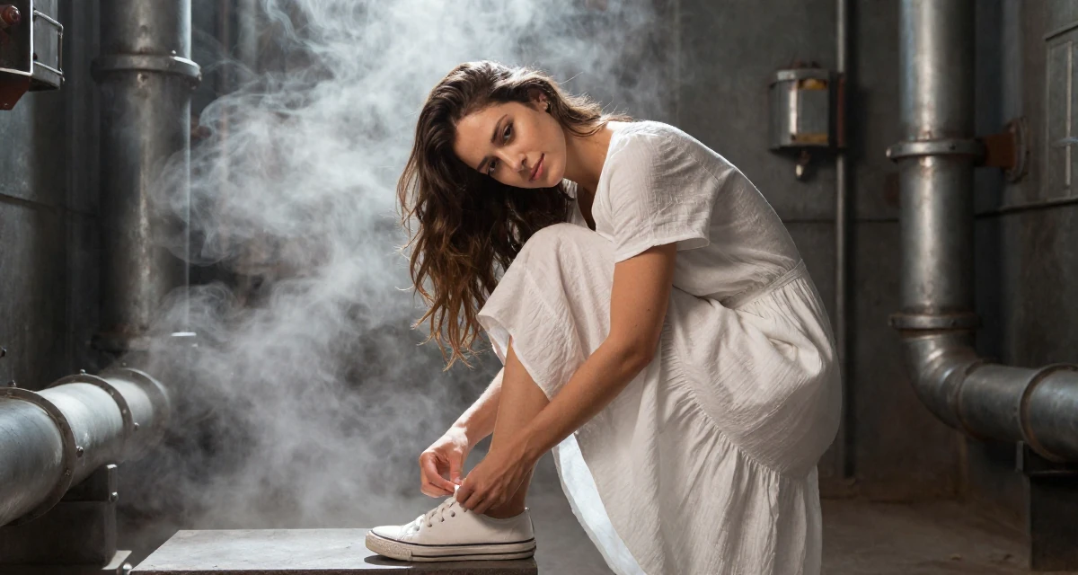 A zen-like Female From Córdoba Argentina, studied biomedical engineering in their 26, cutting off toxic relationships and habits, wearing a airy cotton dress for summer, tying a shoelace in a dungeon cell.
