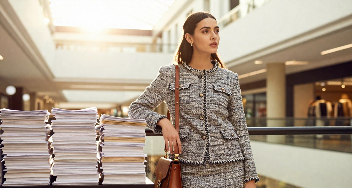 A composed Female From Australia, has a degree in environmental science in their 20, chasing creative dreams despite parental skepticism, wearing a classic chanel style tweed suit, carrying a leather handbag in a shopping mall atrium.