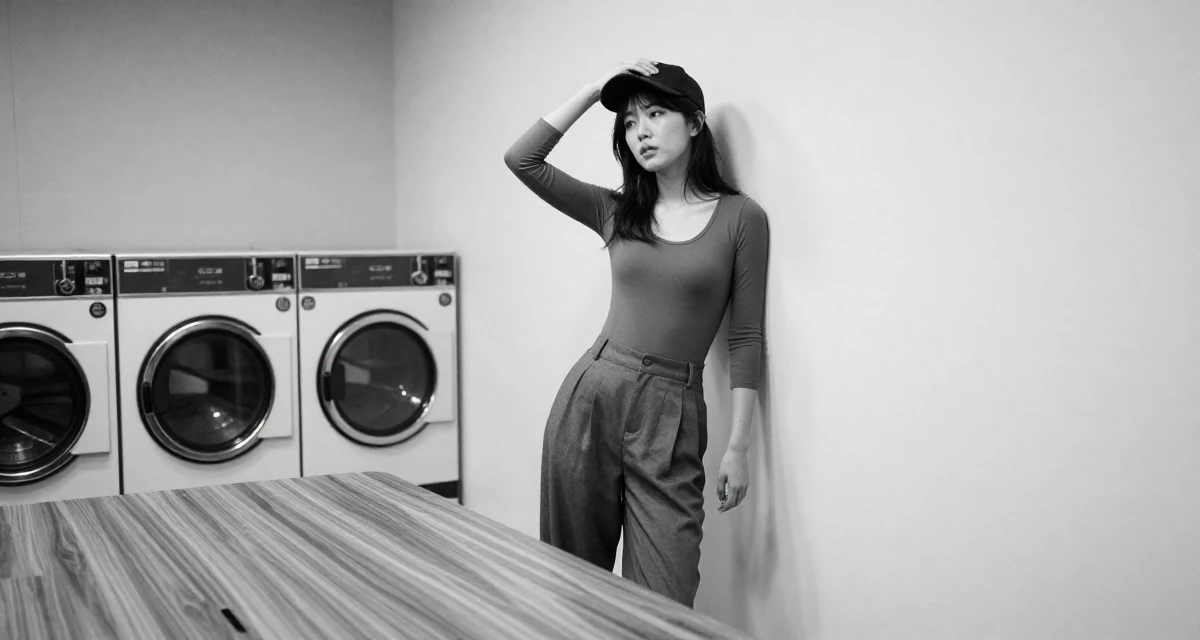 A absent-minded Female From South Korea, trained in broadcasting and media in their 23, feeling pressure to figure life out quickly, wearing a fitted bodysuit and wide-leg dress pants, adjusting a hat in a laundromat.