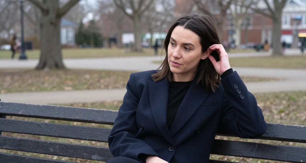 A zoned out Female Previously a stay-at-home mom, now monetizing relatable lifestyle content in their 24, exploring opportunities for self-expression, wearing a sleek modern tailored look, tucking hair behind an ear in a quiet park.