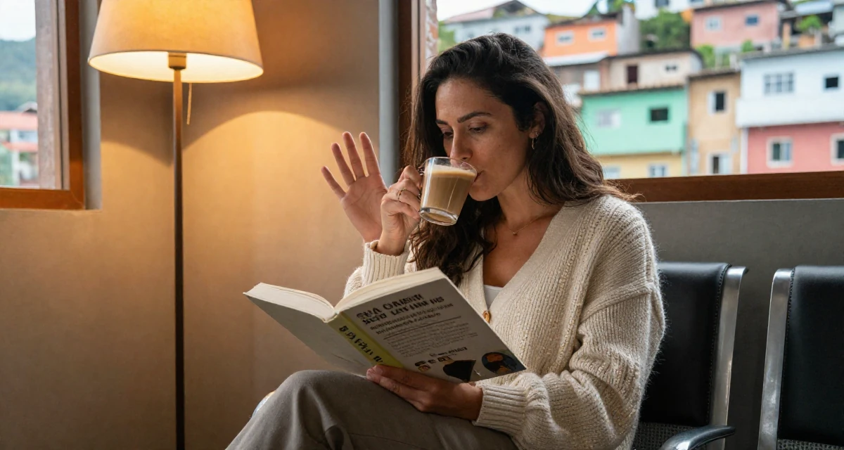 A poised Female Once a taekwondo athlete, now a confidence-driven creator in their 34, reviewing books and sharing reading lists, wearing a cozy knit cardigan and slacks, sipping a latte in a waiting room.