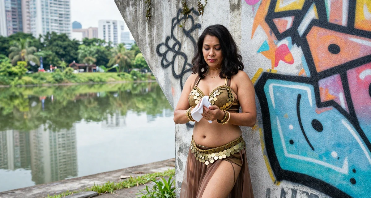 A placid Female From Kuala Lumpur Malaysia, majored in accounting in their 46, transitioning from employee to founder, wearing a belly dancer outfit with sheer fabrics and coins, wiping hands in a graffiti art wall.