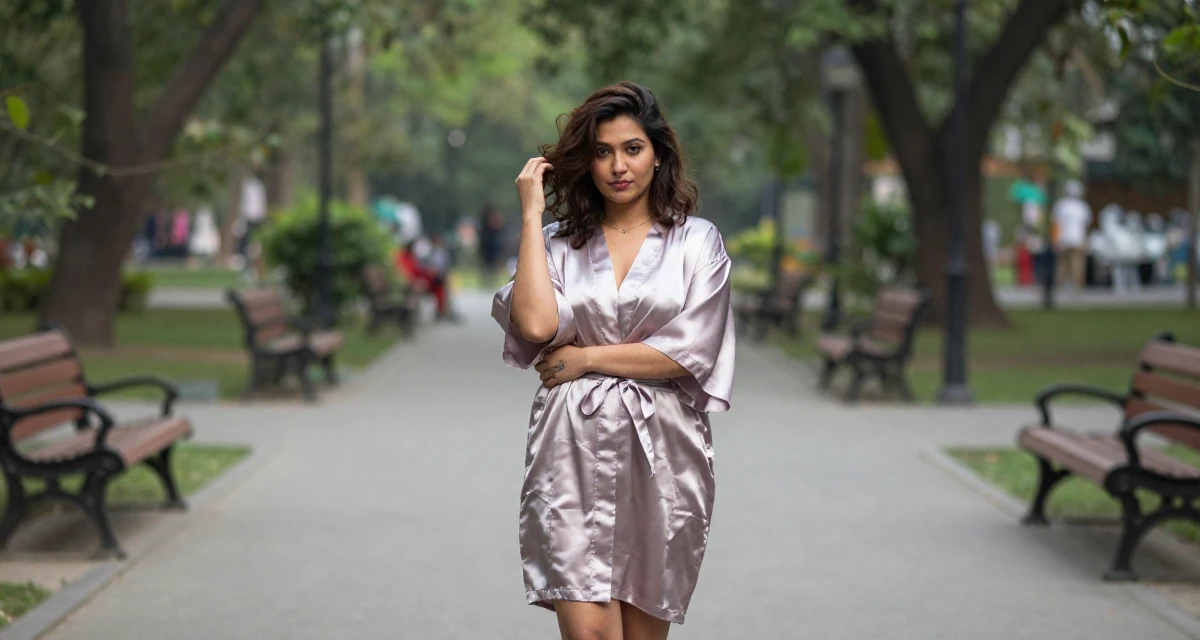 A dignified Female Raised in Bangladesh, studied consumer insights in their 40, embracing natural beauty and self-acceptance, wearing a short silk robe tied loosely, messing up hair playfully in a quiet park.