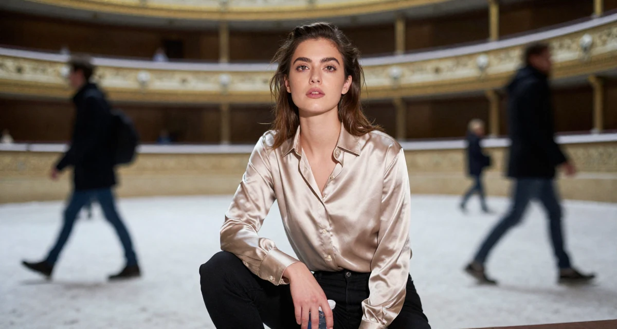 A absent-minded Female From USA, dropped out of art school to pursue modeling in their 21, planning a gap year to escape reality, wearing a satin button-up shirt in champagne color, holding a water bottle in a opera house balcony.