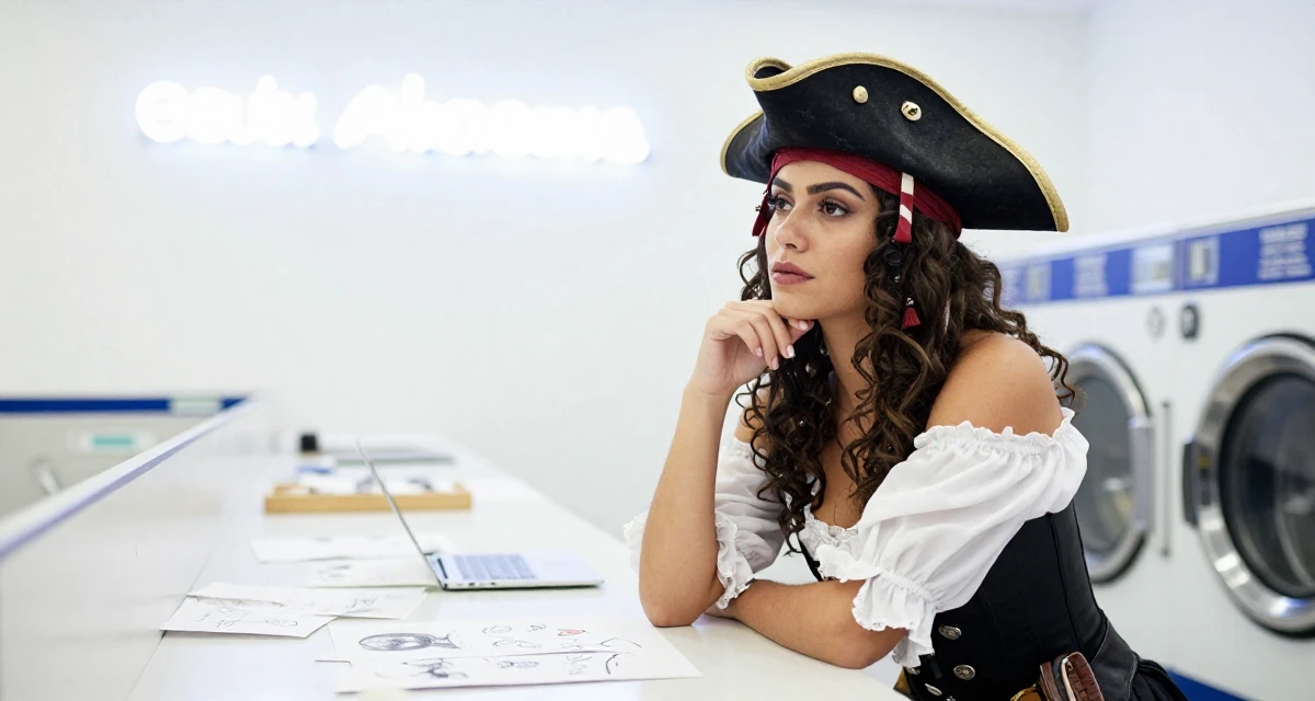 A observant Female From Brazil, trained in digital cinematography in their 25, learning lighting tricks that highlight sensual curves safely, wearing a pirate captain outfit with a corset and tricorn hat, touching the chin thoughtfully in a laundromat with neon signs.