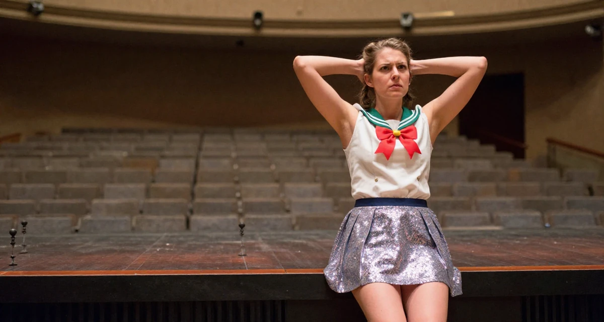 A ferocious Female From Gothenburg Sweden, studied sustainable development in their 28, questioning whether to scale up or scale back, wearing a magical girl anime costume with a sparkly short skirt, leaning on a railing in a empty theater stage.