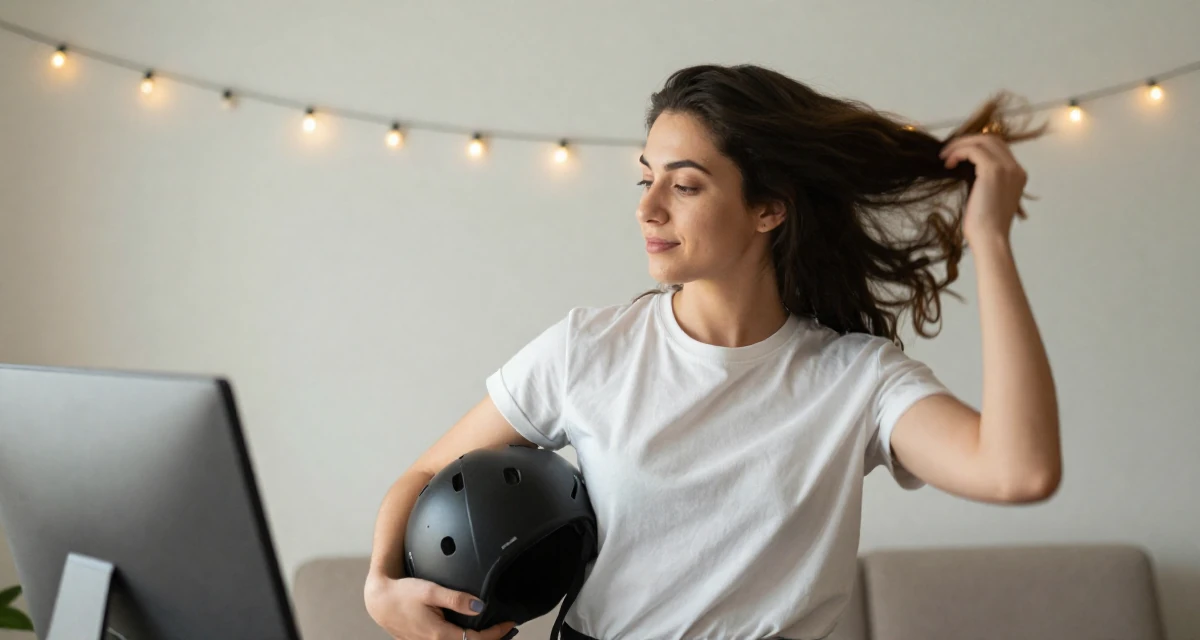 A peaceful Female From USA, dropped out of art school to pursue modeling in their 21, trying to act professional at a first internship, wearing a minimalist everyday clothing, holding a helmet under one arm in a home interior.