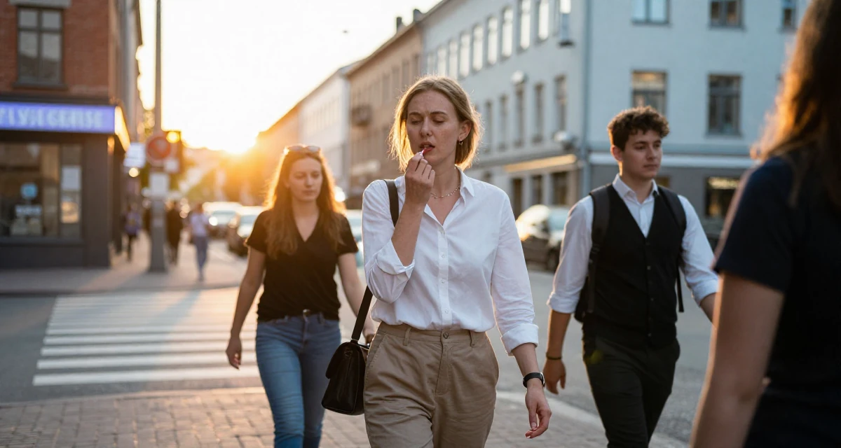 A soulful Female From Finland, majored in educational psychology in their 32, mentoring younger colleagues, wearing a crisp white shirt and chinos, applying lipstick in a busy intersection.