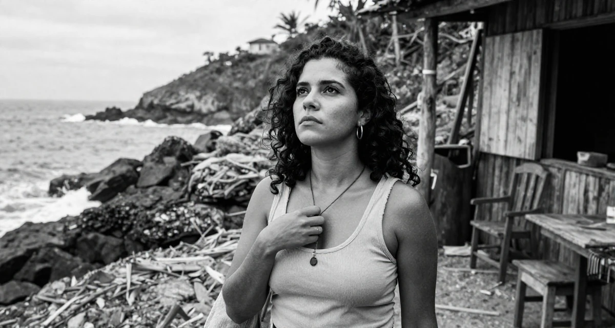 A stoic and strong Female From Brazil, studied logistics engineering in their 23, seeking spiritual grounding amidst chaos, wearing a retro 90s casual vibe, touching a necklace in a rocky ocean cliff.