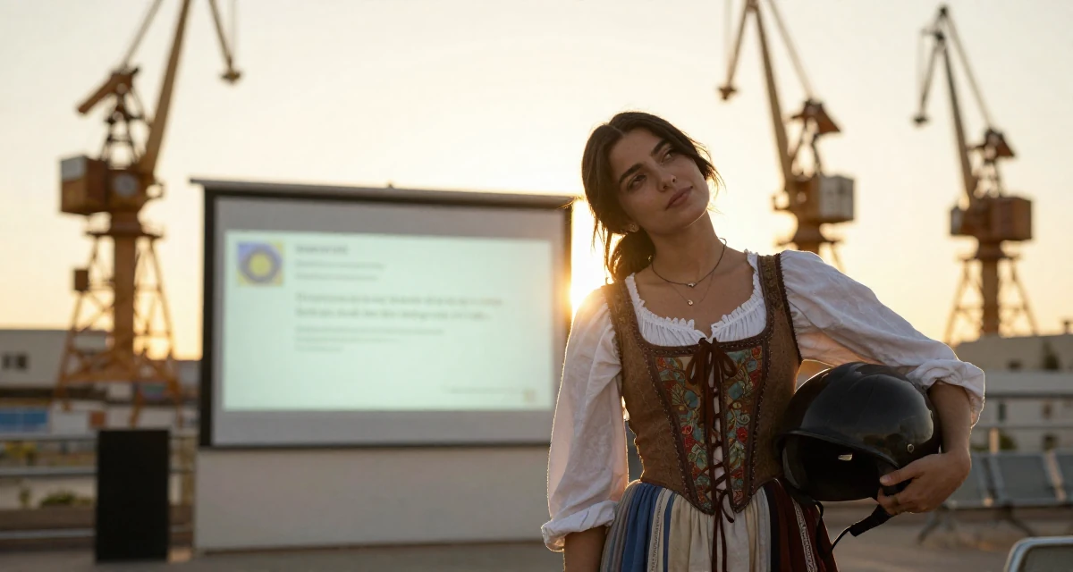 A calm and confident Female Born in Cyprus, studied tourism development in their 24, leaning into confidence as a form of creative expression, wearing a peasant girl corset dress with a white blouse, holding a helmet under one arm in a waiting room.