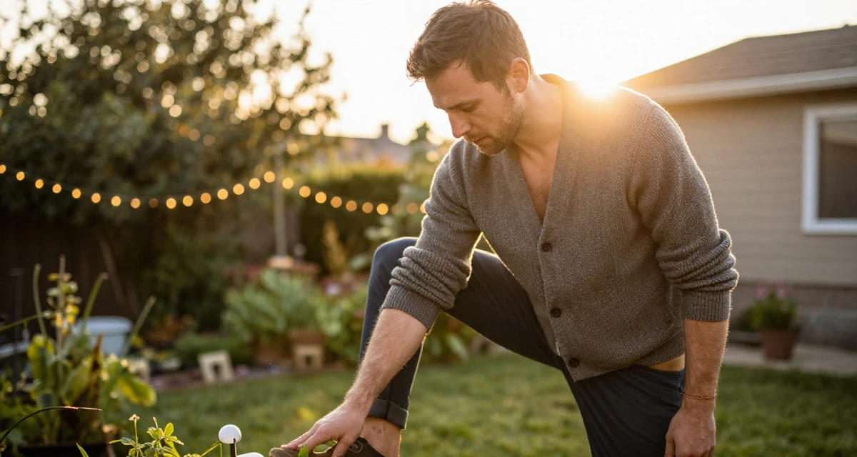 A dignified male Previously a construction worker, now documenting strength-expressive lifestyle in their 37, trying to stabilize income streams, wearing a cropped cardigan with only one button fastened, tapping a foot in a backyard garden.