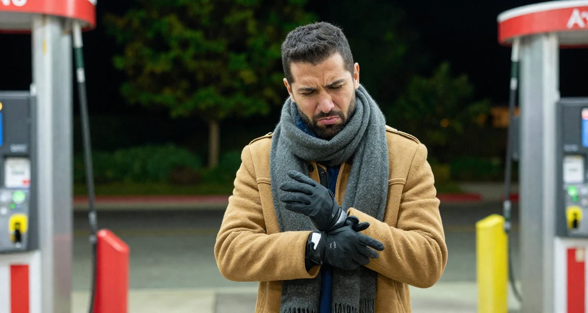 A pouting male From USA, studied marketing and consumer behavior in their 57, balancing health issues and work, wearing a layered autumn coat and scarf, removing a glove in a gas station at night.