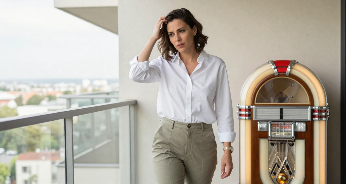 A contemplative Female From Germany, has a background in psychology in their 39, reflecting on a decade of professional growth, wearing a crisp white shirt and chinos, scratching the head in confusion in a luxury penthouse balcony.